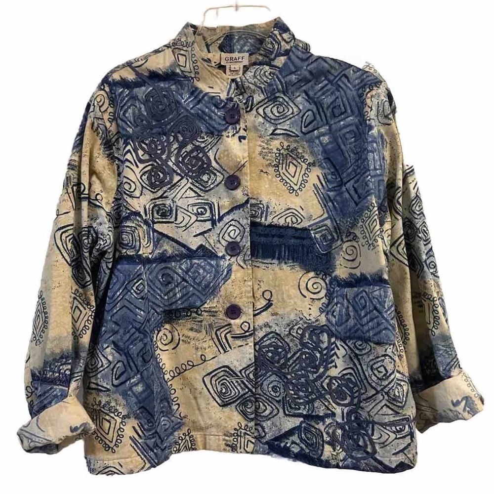 Womens Cotton Jacket Embellished  Art Graphic Printed Button Blue Multi Size L
